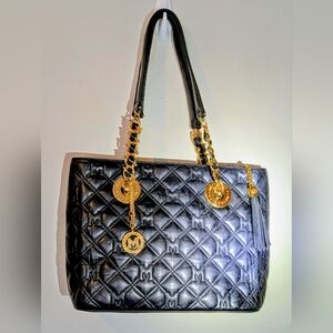 Metro City Elegant Black Quilted Shoulder Bag with Gold Accents NEW!